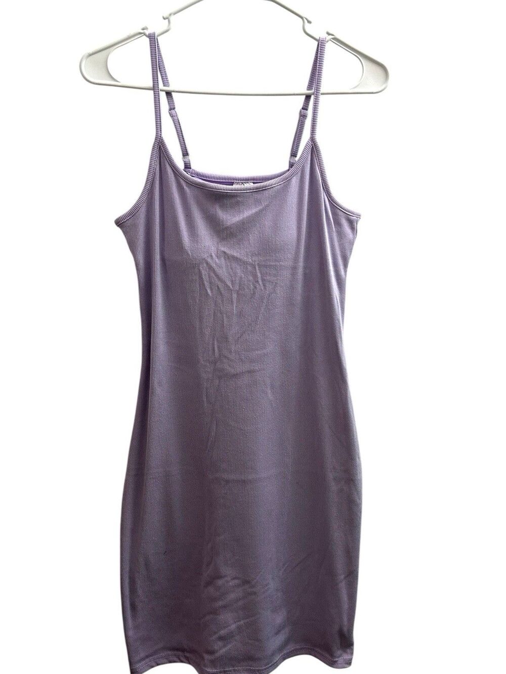 Real Essentials Women Spaghetti Strap Ribbed Tank Mini Dress Built-In Bra Medium